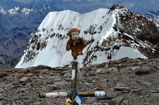46 Dangles On The Aconcagua Summit 6962m Cross With Aconcagua South Summit Behind